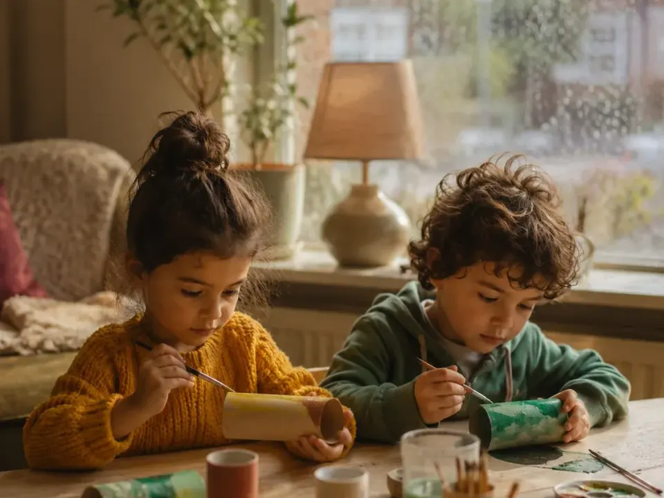 Kind knutselt aan tafel op een regenachtige dag