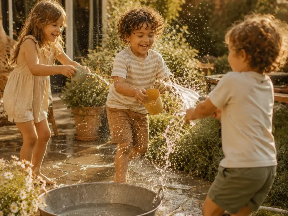 Kinderen spelen met water in de tuin
